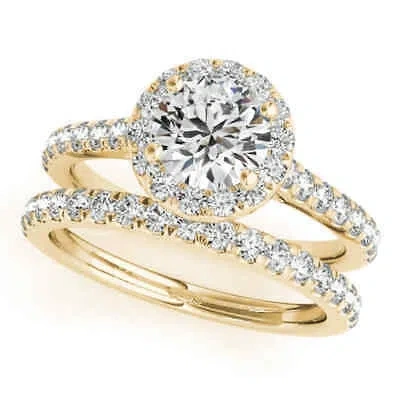 Pre-owned Maulijewels 14k Yellow Gold Bridal Set 0.75 Carat Halo Diamond Engagement Ring