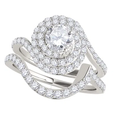 Maulijewels 1.50 Carat Natural Diamond Halo Bridal Set Engagement Rings In 14k White Gold Ring Size  In Metallic