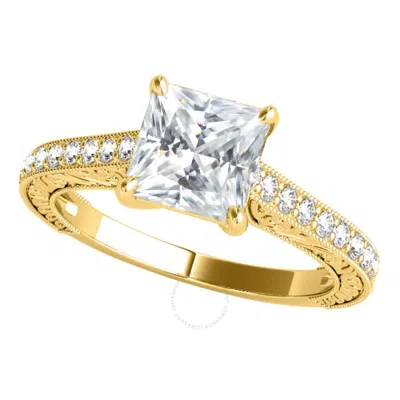 Maulijewels 1.50 Carat Princess Cut Moissanite And Natural Round White Diamond Engagement Womens Rin In Yellow