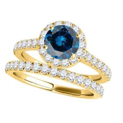 Pre-owned Maulijewels 1.60 Carat Blue & White Halo Diamond Bridal Set Engagement Ring For In Yellow