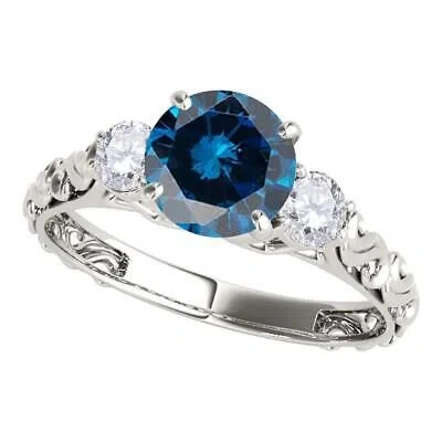 Pre-owned Maulijewels 18k Solid White Gold 1.05 Carat Blue & White Diamond Three Stone