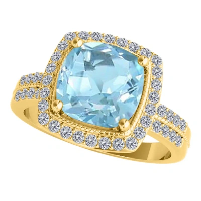 Maulijewels 2.50 Carat Diamond And Cushion Cut Natural Aquamarine Gemstone Ring In 14k Solid Yellow  In White