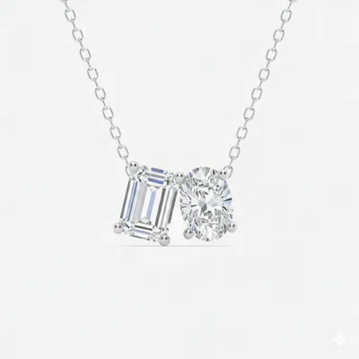 Maulijewels 2.00 Carat Lab Grown Diamond Emarald And Oval Cut Toi Et Moi Pendant Necklace In 14k Gol In White