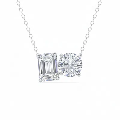Maulijewels 2.00 Carat Lab Grown Diamond Emarald And Round Cut Toi Et Moi Pendant Necklace In 14k Go In White