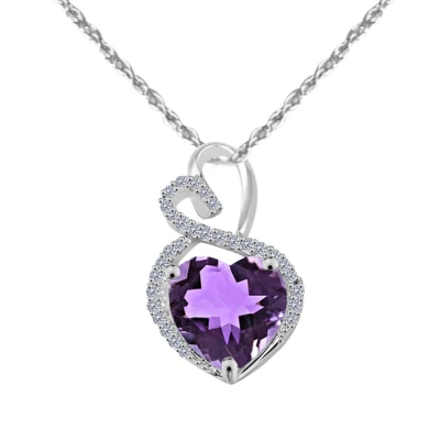 Maulijewels 4 Carat Heart Shape Amythyst Gemstone And White Diamond Pendant In 14k White Gold With W In Green