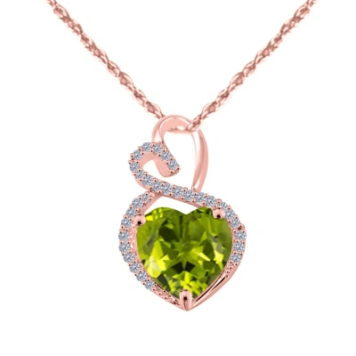 Maulijewels 4 Carat Heart Shape Peridot Gemstone And White Diamond Pendant In 14k Rose Gold With 18" In Green