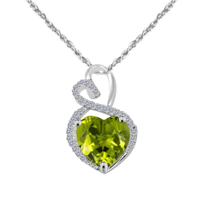 Maulijewels 4 Carat Heart Shape Peridot Gemstone And White Diamond Pendant In 14k White Gold With 18 In Green