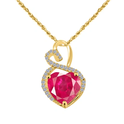 Maulijewels 4 Carat Heart Shape Ruby Gemstone And White Diamond Pendant In 14k Yellow Gold With 18" In Red