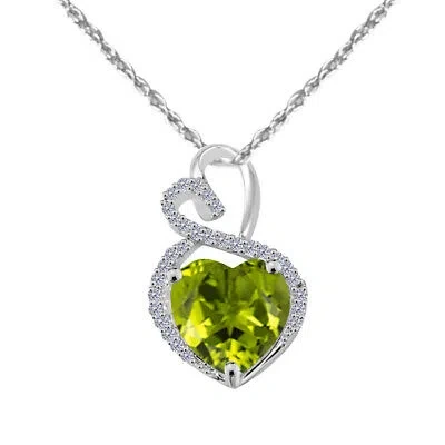 Pre-owned Maulijewels 4 Ct Peridot & Diamond Heart Pendant 14k White Gold 18" Chain In Green