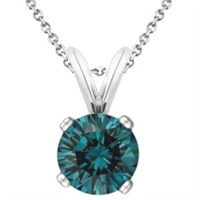 Maulijewels Blue Round 0.20 Carat Diamond Solitaire Pendant In 14k White Gold With 18" 14k White Gol In Multi