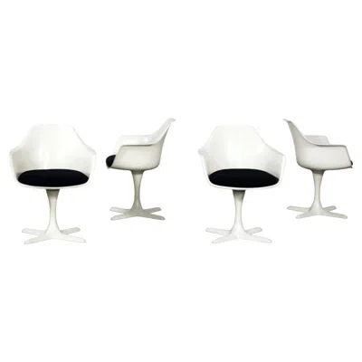 Pre-owned Maurice Burke Vintage Burke Tulip Swivel Armchairs No 116 White Shell Black Cushions Set Of 4