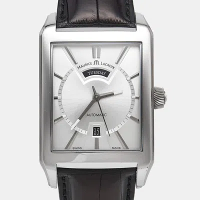 Pre-owned Maurice Lacroix Pontos Pt6237-ss001-13e-1 Silver Dial Stainless Steel Alligator Leather Men's Wristwatch 35.50 Mm In Black