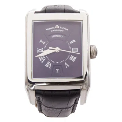 Pre-owned Maurice Lacroix Pontos Rectangulaire Day Date Stainless Steel Black Dial Watch