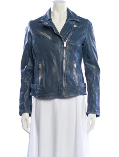 Pre-owned Mauritius Lamb Leather Biker Jacket In Blue
