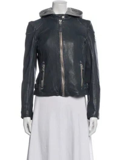 Pre-owned Mauritius Lamb Leather Biker Jacket In Blue