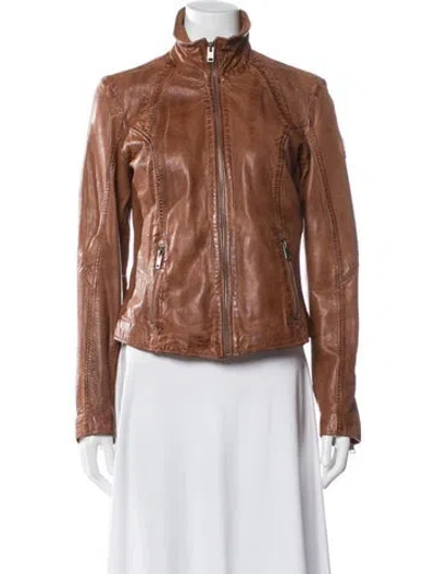 Pre-owned Mauritius Lamb Leather Biker Jacket In Brown