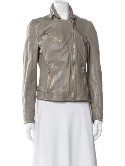 Pre-owned Mauritius Lamb Leather Biker Jacket In Gray