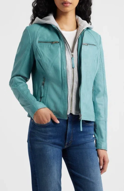 Mauritius Nola Leather Jacket With Removable Hoodie In Lt Turquoise