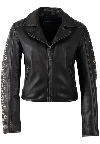 Mauritius Women's Black Embroidered Leather Jacket Cora
