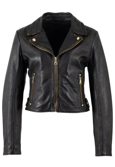Mauritius Women's Black Leather Biker Jacket With Gold Hardware Hazie