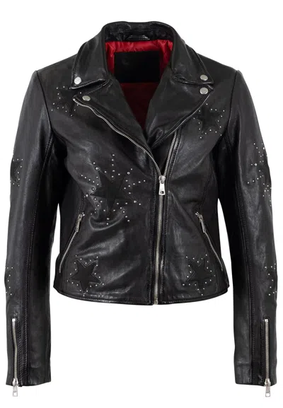 Mauritius Women's Black Leather Moto Jacket With Star Appliqués & Studs Soraya