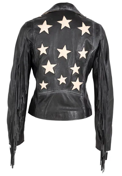 Mauritius Women's Crissy Star & Fringe Detail Leather Jacket, Black