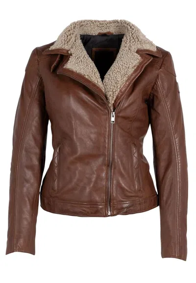 Mauritius Women Jenja Lamb Leather Jacket With Teddy Fur Trim In Dark Cognac In Brown
