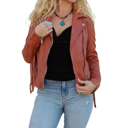 MAURITIUS ZOE LEATHER FRINGE JACKET IN BURNT ORANGE