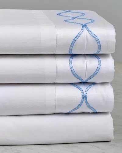 Maurizio Italy Royal Light Blue Trellis Embroidered Sheet Set In White