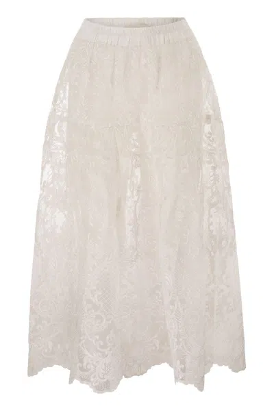 Maurizio Mykonos Embroidered Lace Midi Skirt With Elasticated Waist In White