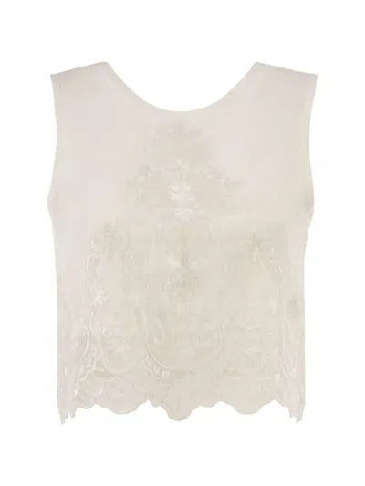 Maurizio Mykonos Embroidered Lace-hem Top In Neutral