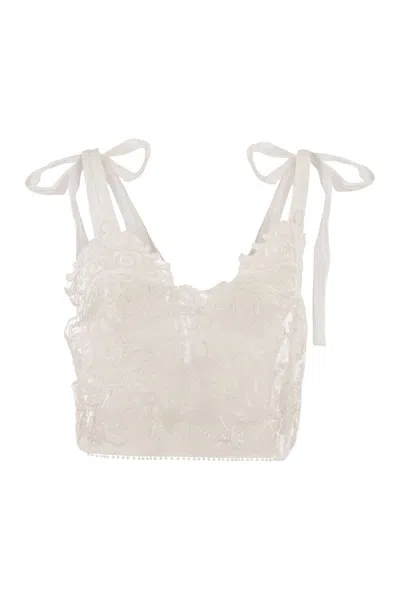 Maurizio Mykonos Embroidered Top With Tie Shoulder Straps And Floral Detailing In Neutral
