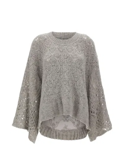 Maurizio Mykonos Lace-panel Open-knit Poncho In Gray