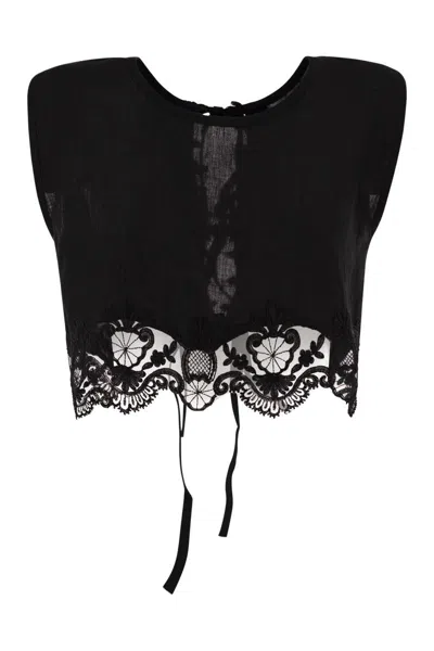 Maurizio Mykonos Lightweight Linen Top With Broderie Anglaise Hem And Lace-up Back In Black