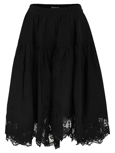 Maurizio Mykonos Linen And Rayon Midi Skirt With Embroidered Hem In Black