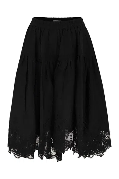 Maurizio Mykonos Linen And Rayon Midi Skirt With Embroidered Hem In Black