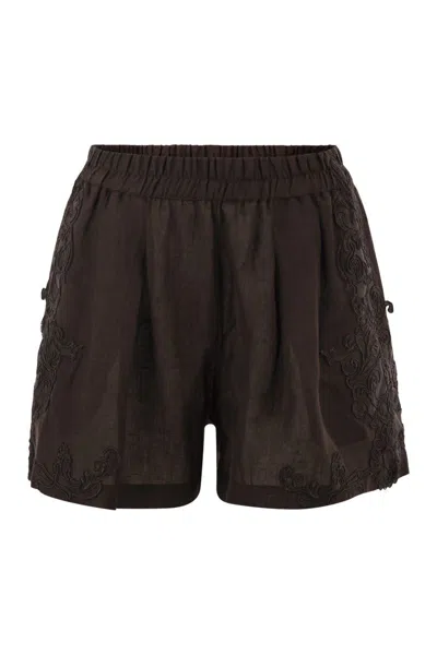 Maurizio Mykonos Linen Shorts With Embroidery And Elasticated Waistband In Brown