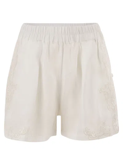 Maurizio Mykonos Linen Shorts With Embroidery And Elasticated Waistband In Neutral