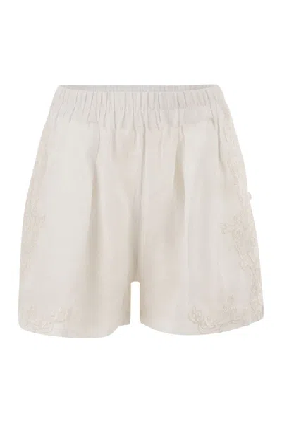 Maurizio Mykonos Linen Shorts With Embroidery And Elasticated Waistband In White
