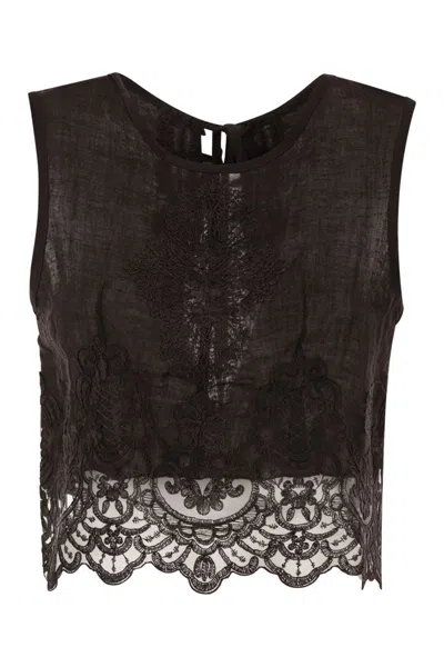 Maurizio Mykonos Linen Top With Tonal Embroidery And Lace Hem In Brown