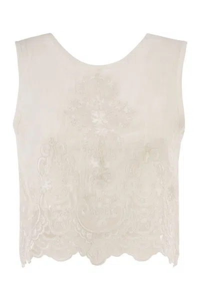 Maurizio Mykonos Linen Top With Tonal Embroidery And Lace Hem In Neutral