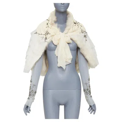 Pre-owned Maurizio Pecoraro Beige Fur Lined Embellished Chiffon Mesh Ruffle Shawl It40 S In Brown
