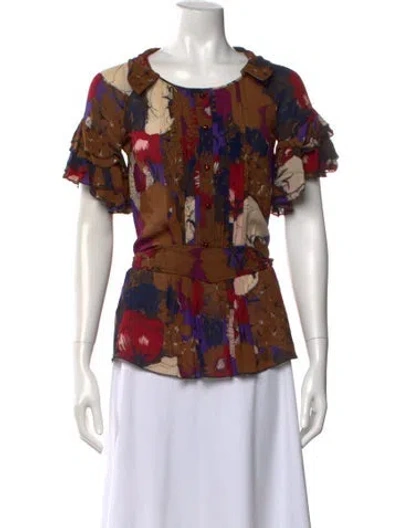 Pre-owned Maurizio Pecoraro Floral Print Scoop Neck Blouse In Brown