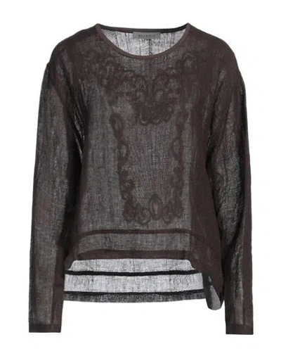 Maurizio Woman Top Dark Brown Size L Linen, Polyamide, Rayon