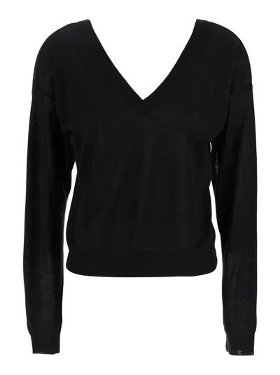 Mauro Grifoni Black Cropped T-shirt With V Neck In Cotton And Silk Blend Woman