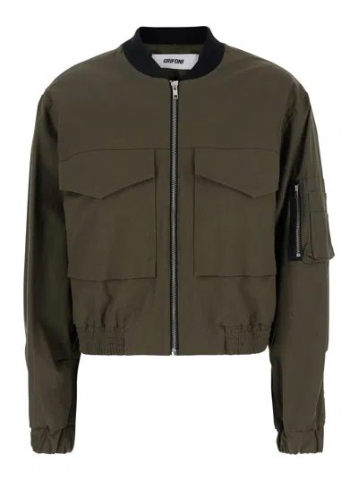 Mauro Grifoni Green Cropped Jacket With Maxi Pockets On Front And Sleeve In Cotton Woman