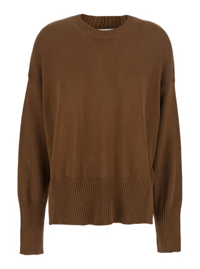Mauro Grifoni Brown Crewneck Sweater With Ribbed Trims In Cotton Woman