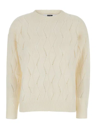 Mauro Grifoni White Crewneck Sweater In Perforated Knit Woman