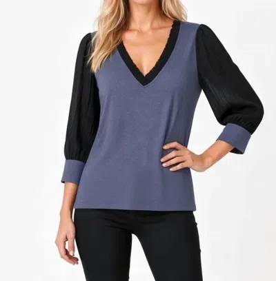 Maven West 3/4 Sleeve Mixed Media Top In Navy In Blue