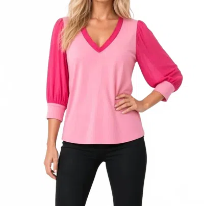 Maven West 3/4 Sleeve Mixed Media Top In Pink